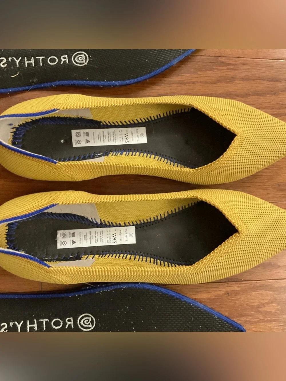 Rothy's Pointed Toe Knit Flats in Yellow with Navy Trim